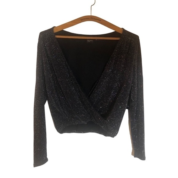 NWT Black With Multi Glitter Plunge Blouse by Free Press Clothing Size S - Picture 1 of 6